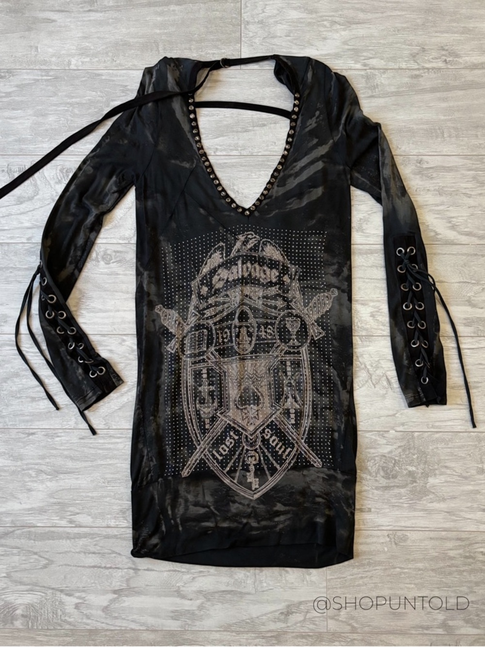 Salvage Tie Dye Open Back Mini Dress Lace Up Sleeves Studded M
